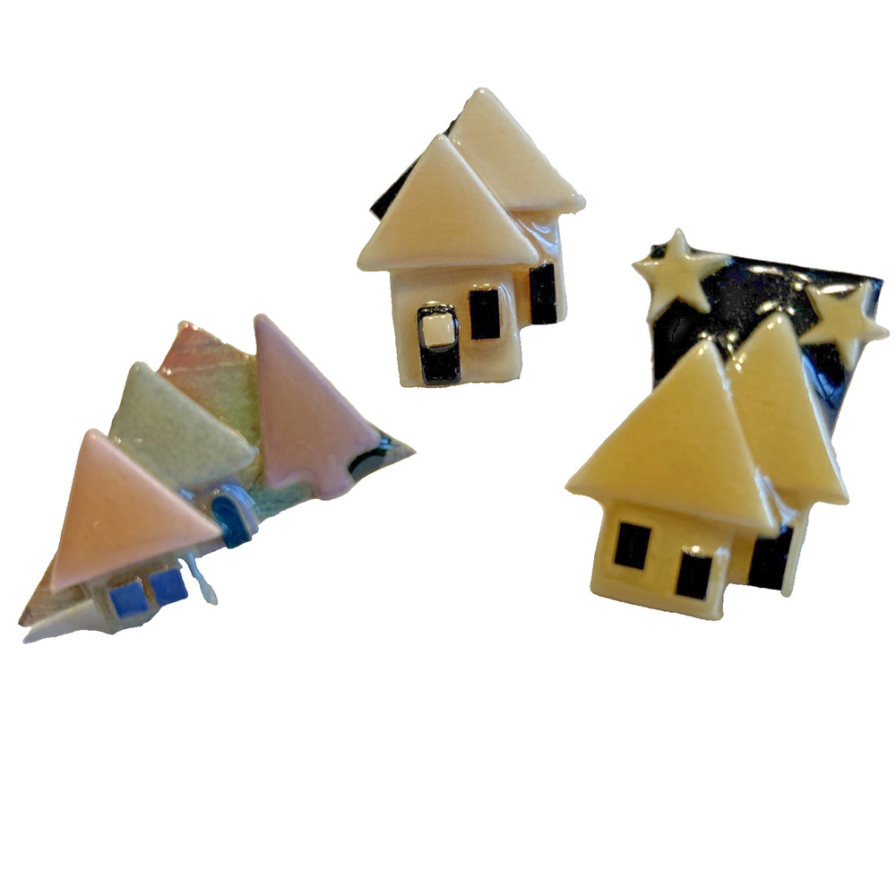 Lucinda House Lapel Pins Artisan Handmade Tie Tacks Lot of 3 Variety Shape Color